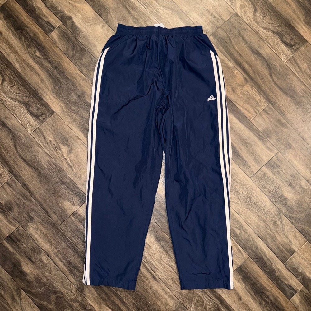 Vintage Adidas Track Pants Men's Large Navy Blue Mesh-Lined Classic 3-Stripe Gym